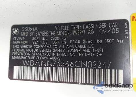 2006 BMW 530Xit from USA, damaged, VIN WBANN73566CN02247